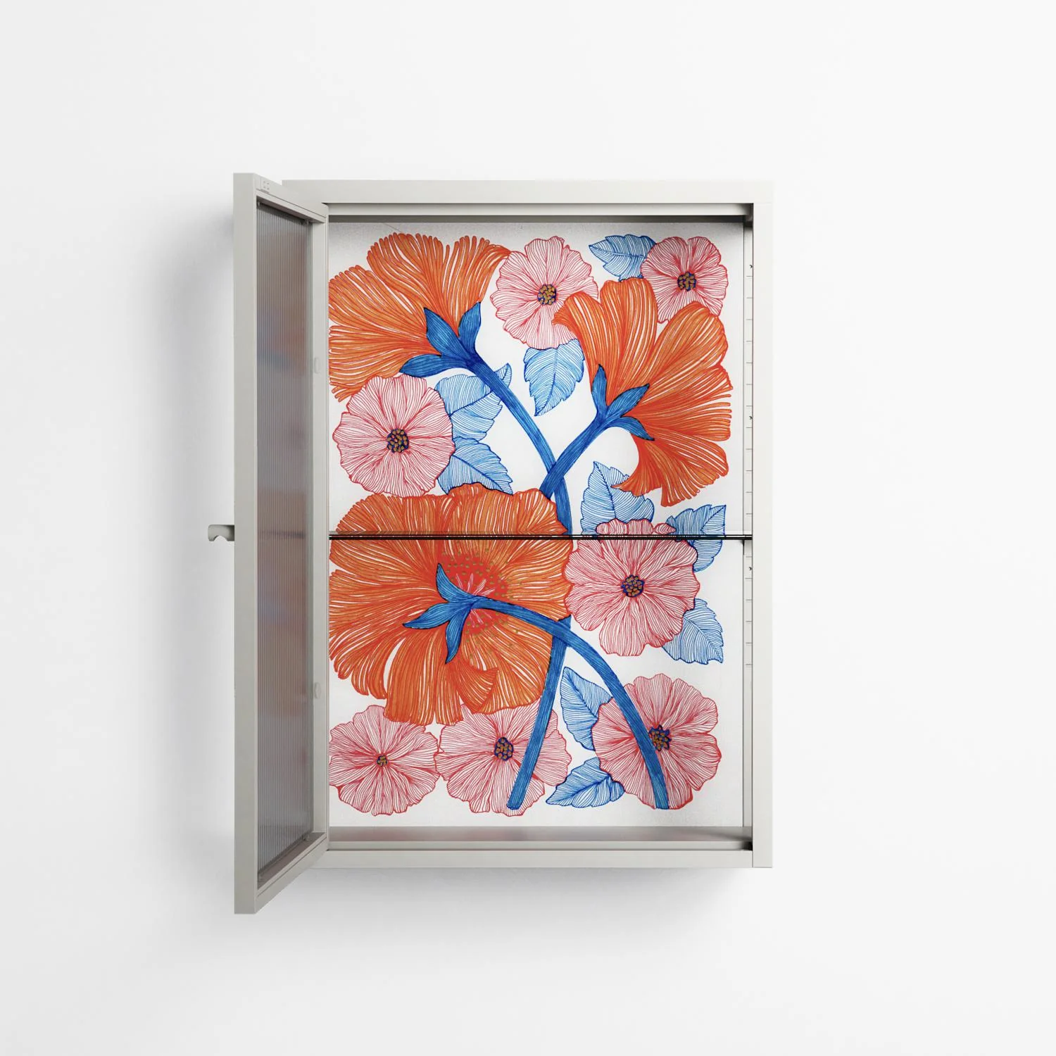 Big Orange Blooms - Wall Cabinet - Katie O’Shea - Chalk - Reeded glass - Image 3